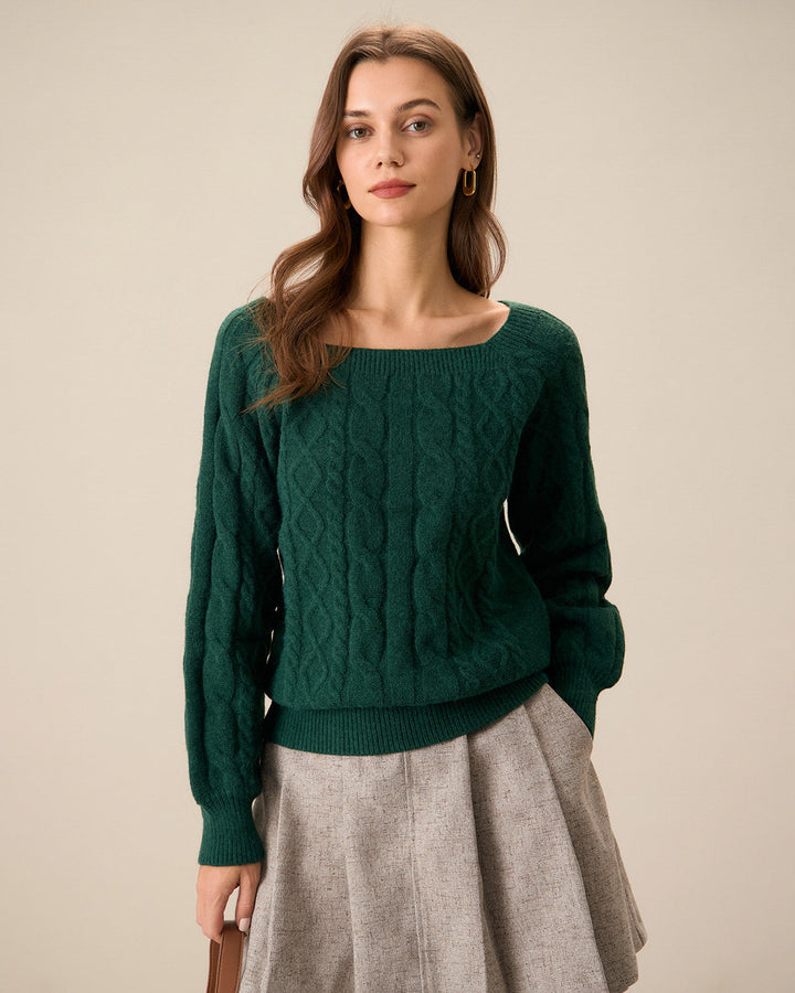 SALE | Green twisted knit round neck sweatshirt - Romantic elegance and comfort guaranteed