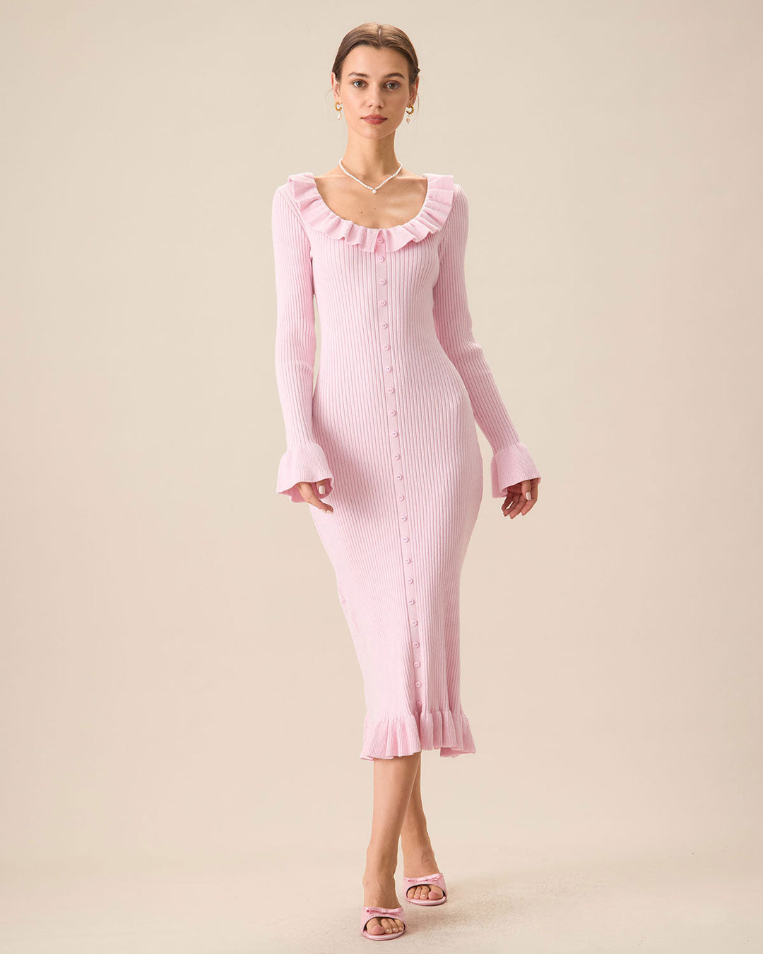 SALE | Elegant Women's Pink U-Neck Ruffle Bodycon Sweater Dress for a Chic Look