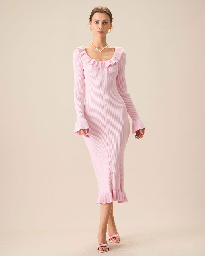 SALE | Elegant Women's Pink U-Neck Ruffle Bodycon Sweater Dress for a Chic Look