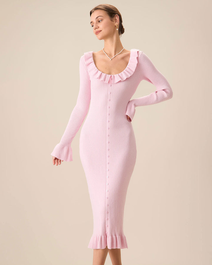 SALE | Elegant Women's Pink U-Neck Ruffle Bodycon Sweater Dress for a Chic Look