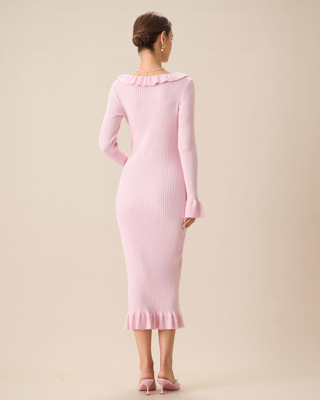 SALE | Elegant Women's Pink U-Neck Ruffle Bodycon Sweater Dress for a Chic Look