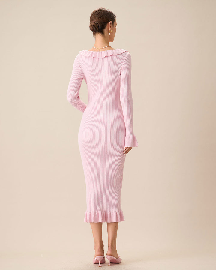 SALE | Elegant Women's Pink U-Neck Ruffle Bodycon Sweater Dress for a Chic Look