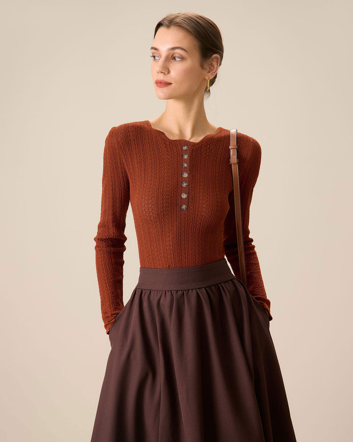 SALE | Women’s round neck sweater, slim elegant brown sweater