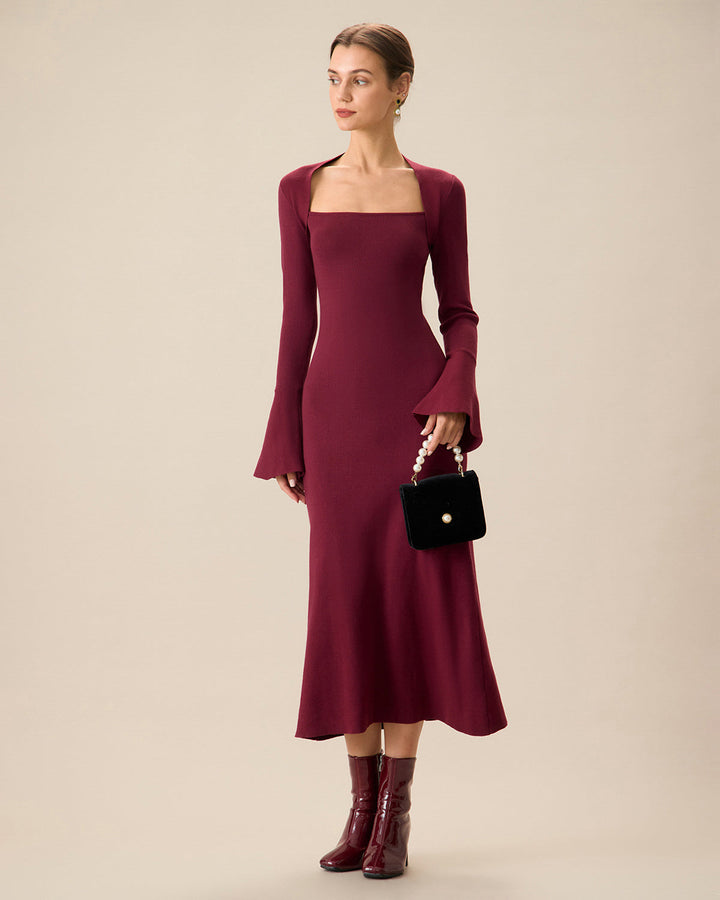 SALE | Red Midi Dress with Flared Sleeves and Square Collar