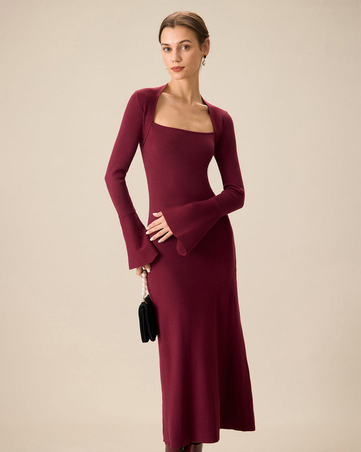 SALE | Red Midi Dress with Flared Sleeves and Square Collar