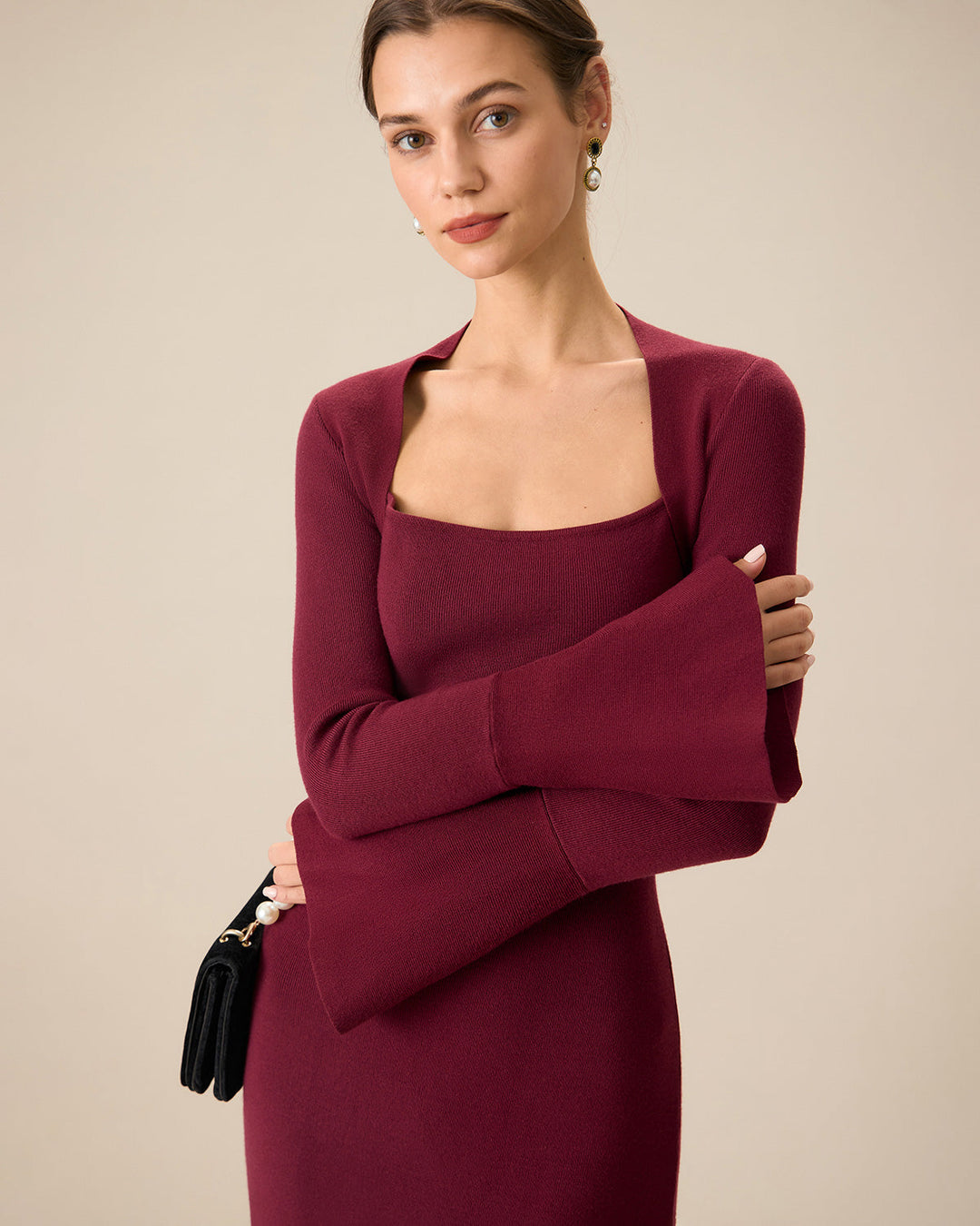 SALE | Red Midi Dress with Flared Sleeves and Square Collar