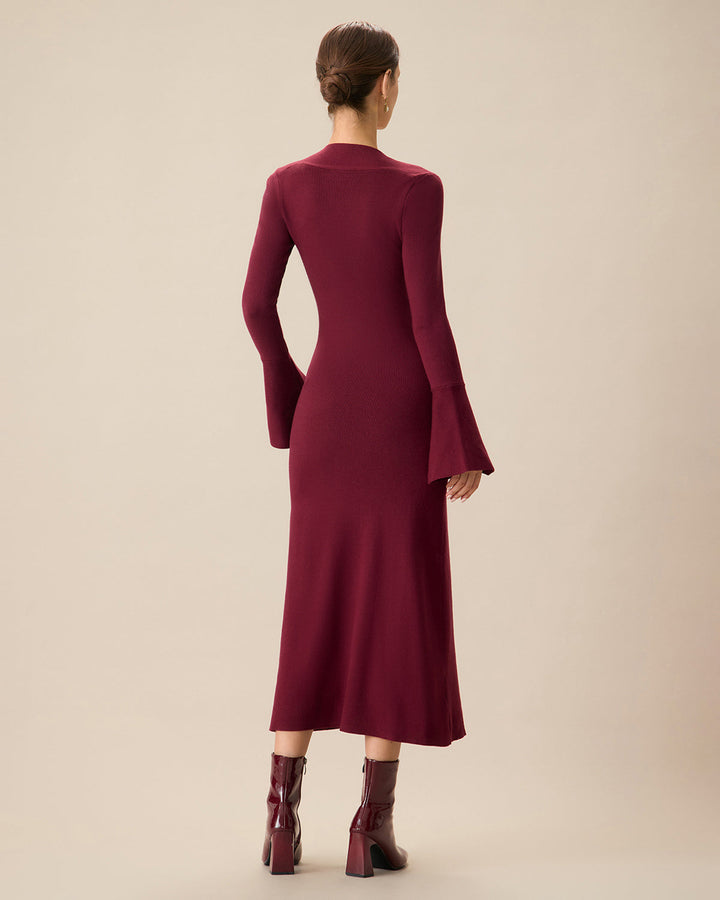 SALE | Red Midi Dress with Flared Sleeves and Square Collar