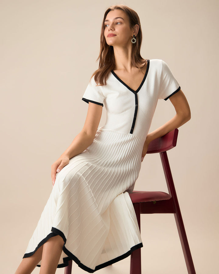 SALE | Elegant White Contrasting Women's Sweater Midi Dress for a Chic and Cozy Look
