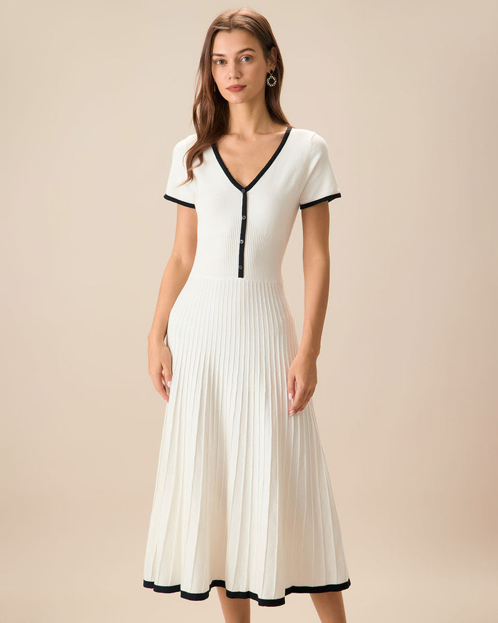 SALE | Elegant White Contrasting Women's Sweater Midi Dress for a Chic and Cozy Look