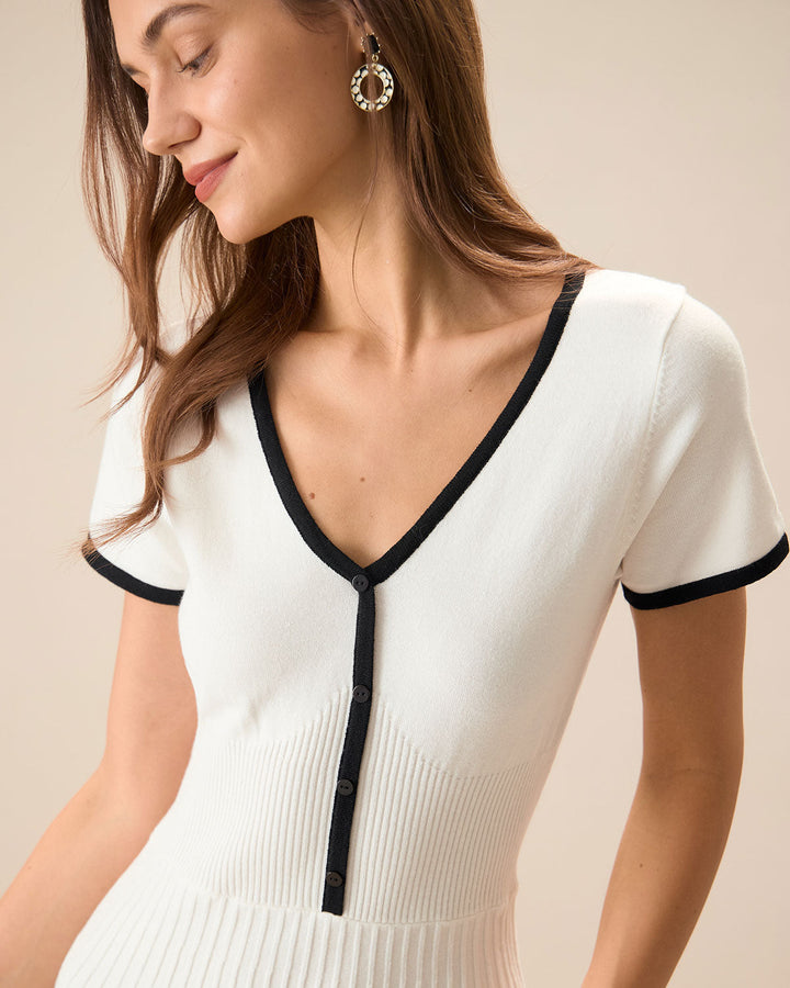 SALE | Elegant White Contrasting Women's Sweater Midi Dress for a Chic and Cozy Look