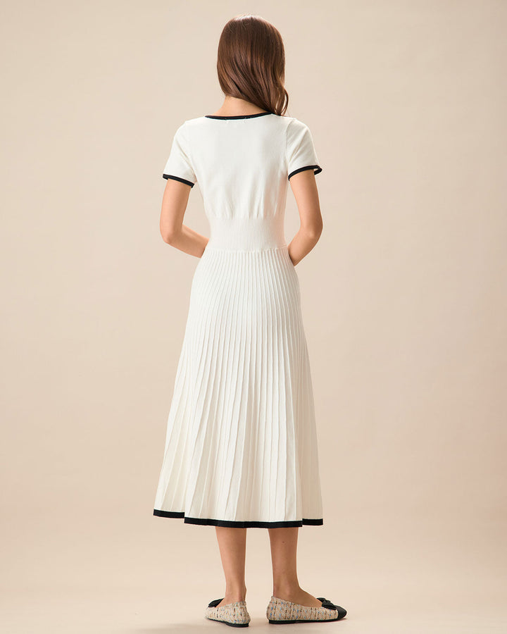 SALE | Elegant White Contrasting Women's Sweater Midi Dress for a Chic and Cozy Look