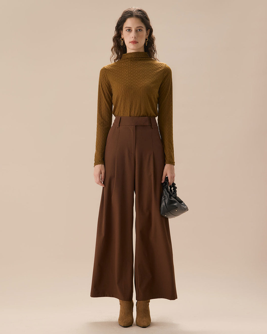 SALE | High Waist Straight Pants with Pockets in Soft Brown Fabric
