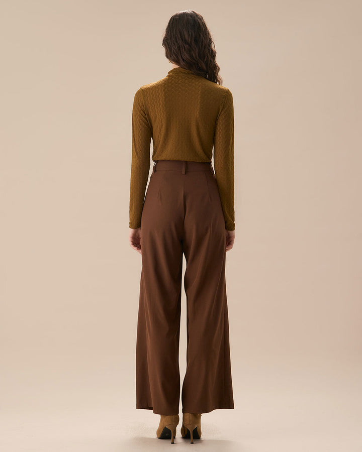 SALE | High Waist Straight Pants with Pockets in Soft Brown Fabric