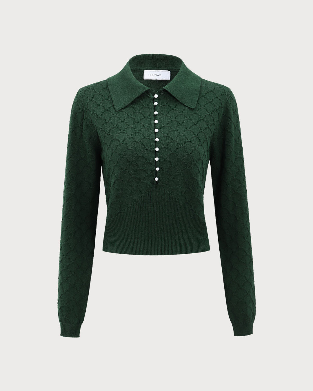 SALE | Stylish Dark Green Ribbed Knit Top with Elegant Lapel Design