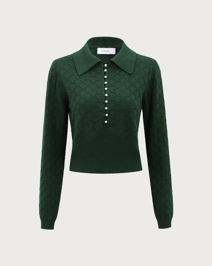 SALE | Stylish Dark Green Ribbed Knit Top with Elegant Lapel Design