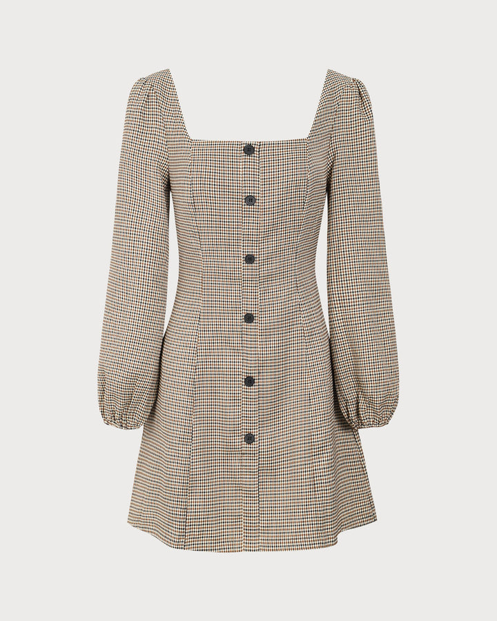 SALE | Mini plaid dress in khaki brown with a square neckline and buttons