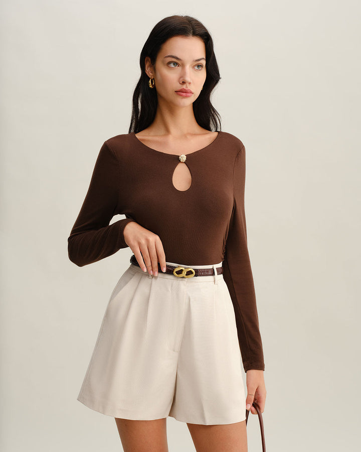 SALE | Brown fine knit T-shirt with round neck and slim fit