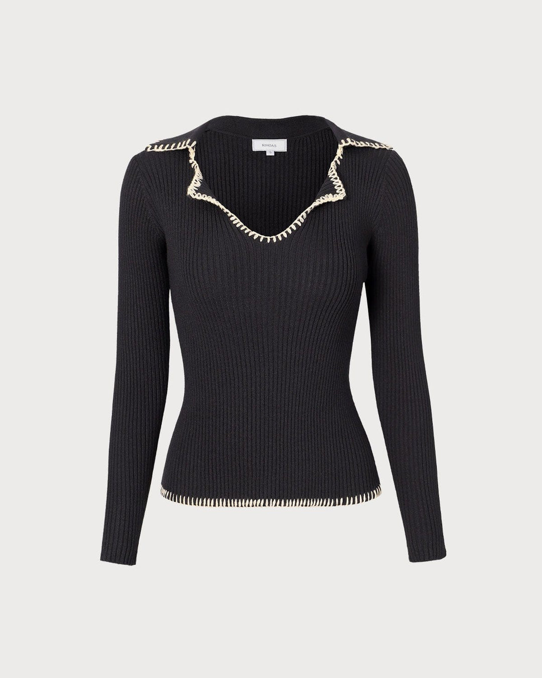 SALE | Elegant Black Lapel Seam Colorblock Knit Top for a Stylish Look