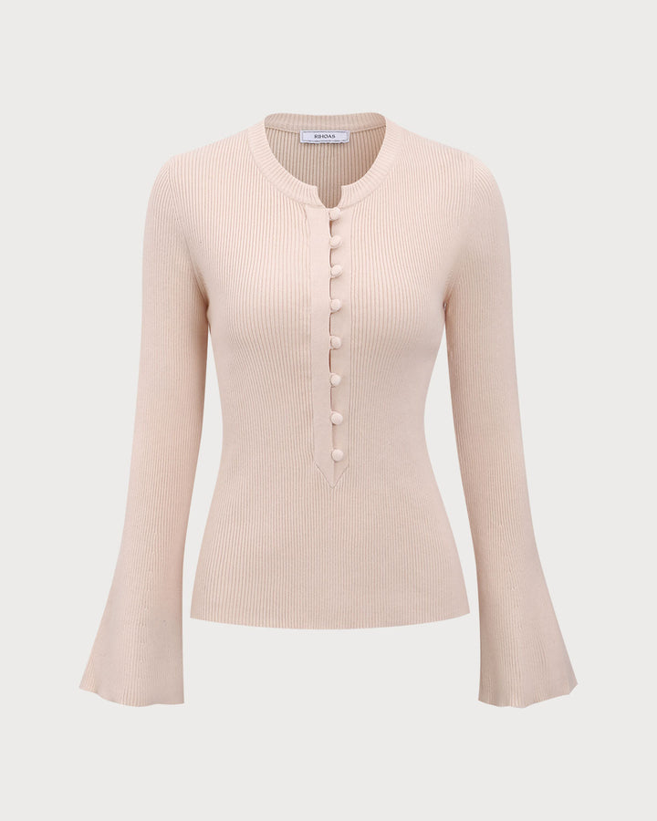 SALE | Elegant apricot finish round knit T-shirt with button detailing