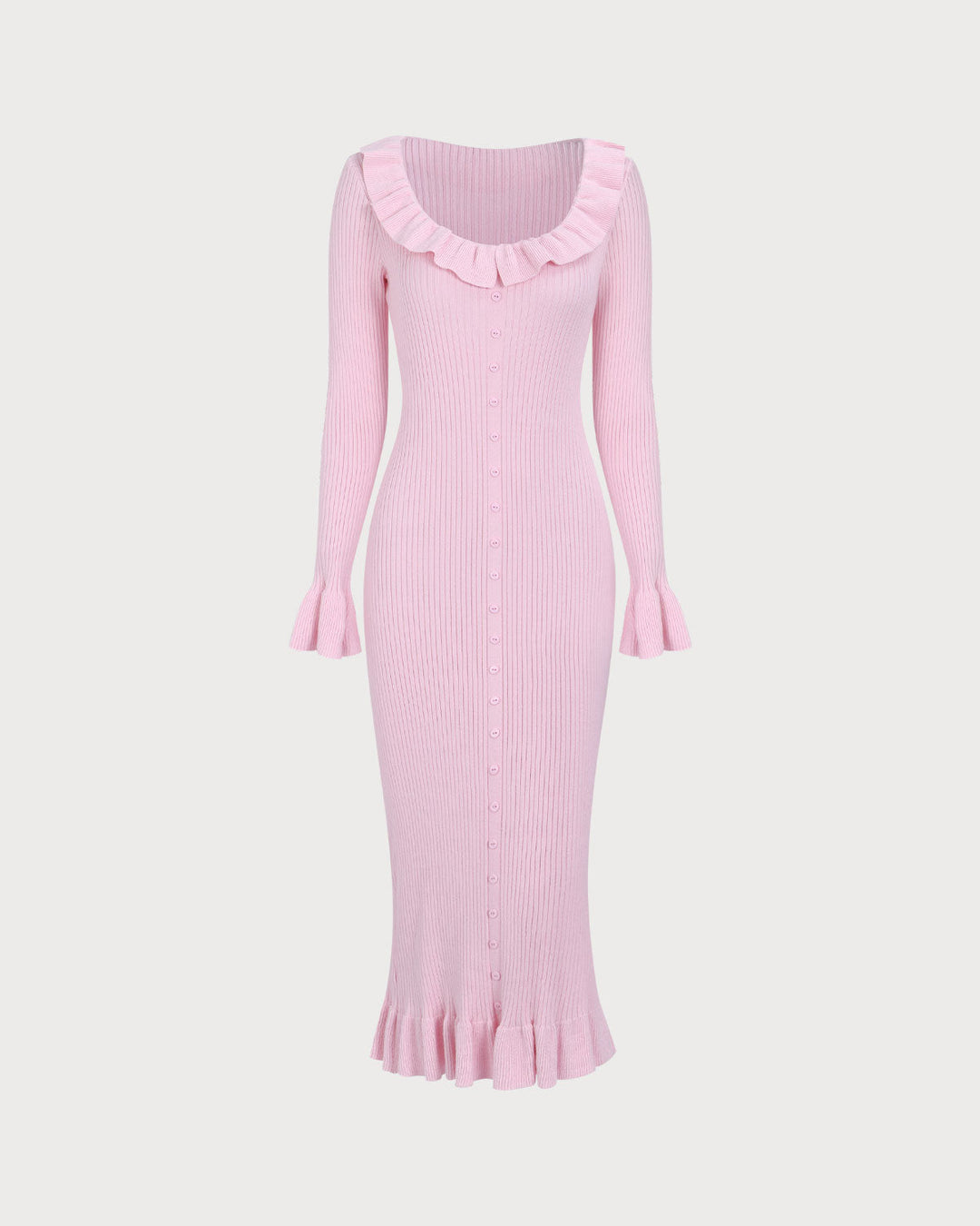 SALE | Elegant Women's Pink U-Neck Ruffle Bodycon Sweater Dress for a Chic Look