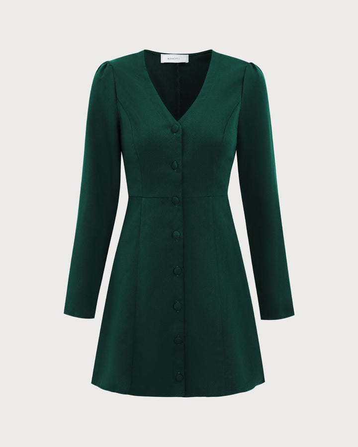SALE | Chic Green V-Neck Button Placket Minidress