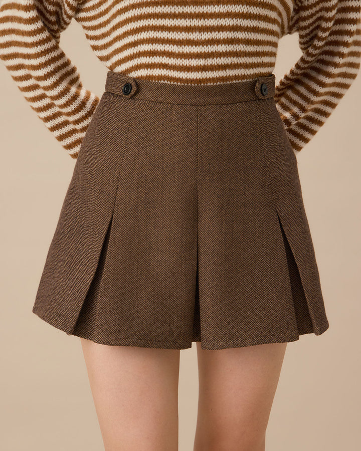 SALE | Elegant and Trendy Brown Striped Pleated Short Skirt