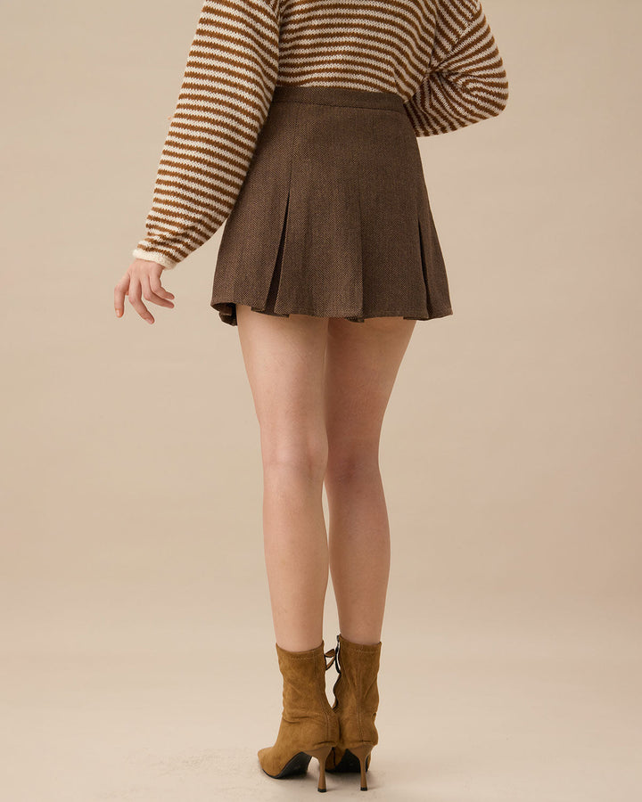 SALE | Elegant and Trendy Brown Striped Pleated Short Skirt