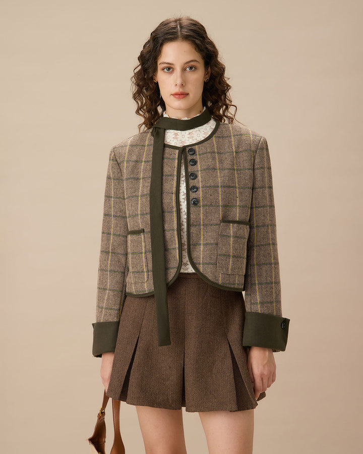 SALE | Elegant and Trendy Brown Striped Pleated Short Skirt