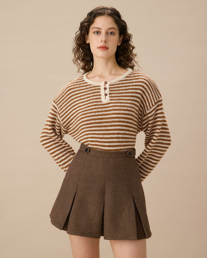 SALE | Elegant and Trendy Brown Striped Pleated Short Skirt
