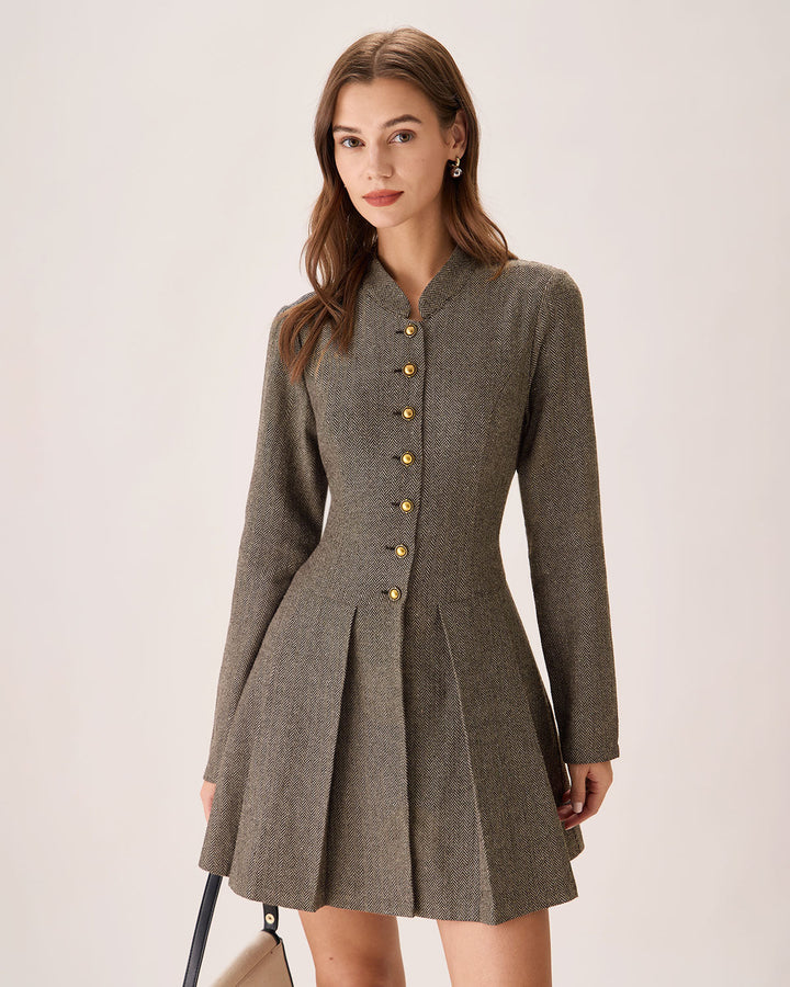SALE | Elegant Brown Button-Front Pleated Mini Dress