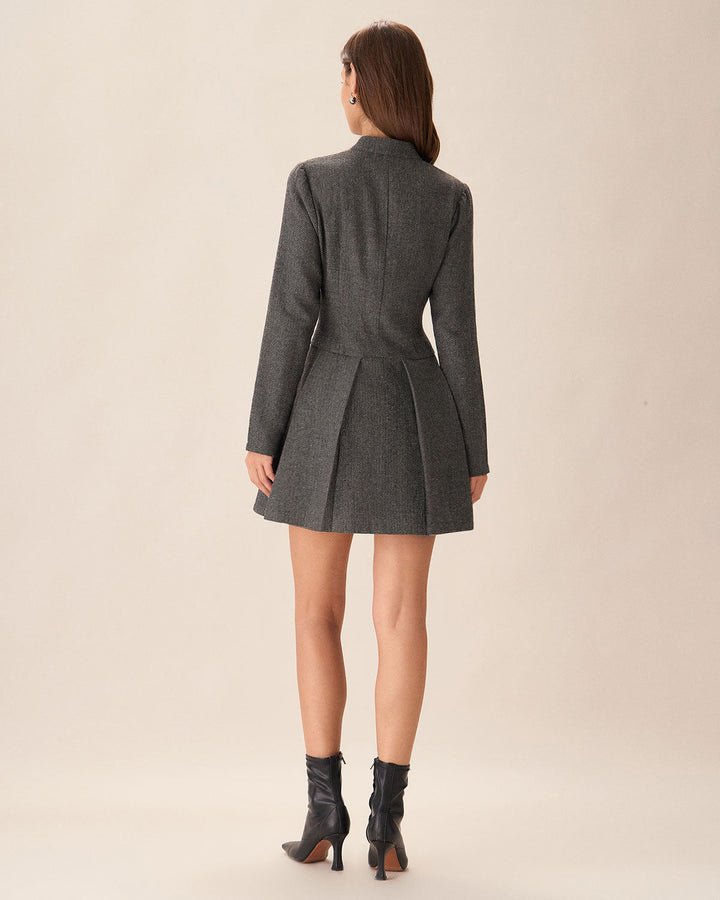 SALE | Elegant Gray Buttoned Pleated Mini Dress