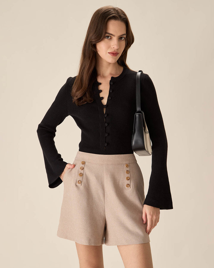 SALE | Classic Black Round Neck Button Knit Top
