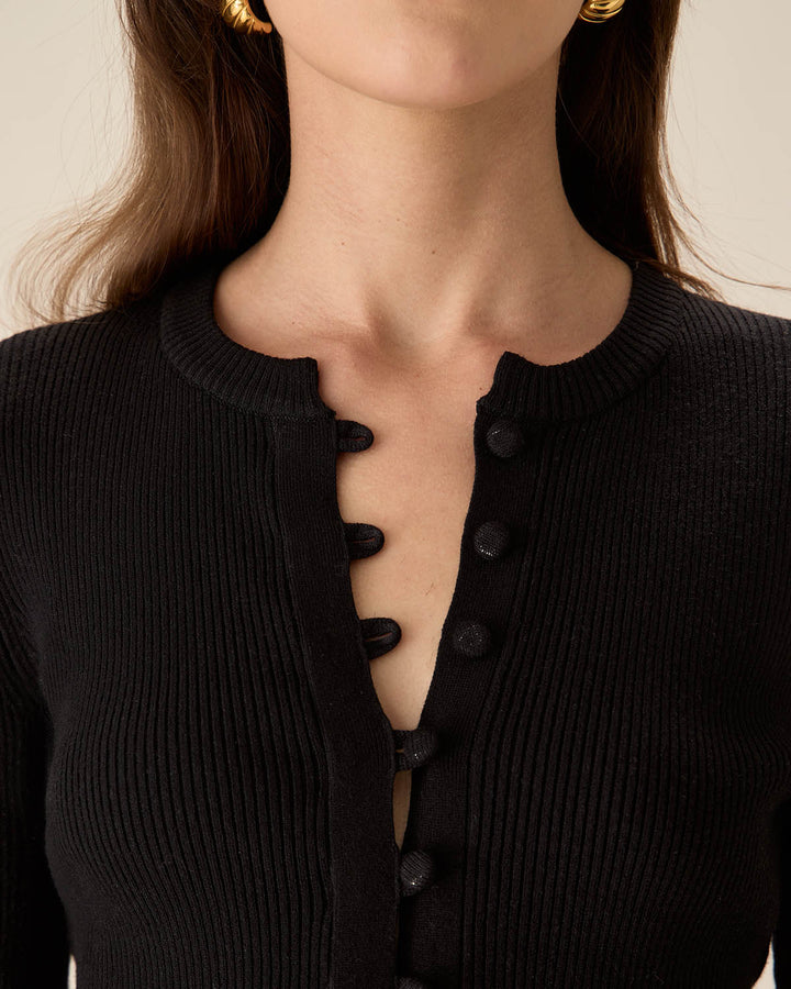 SALE | Classic Black Round Neck Button Knit Top