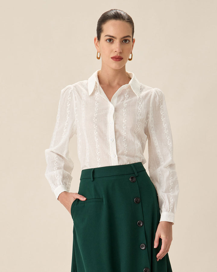SALE | Elegant White Jacquard Button-Up Shirt for a Sophisticated Look