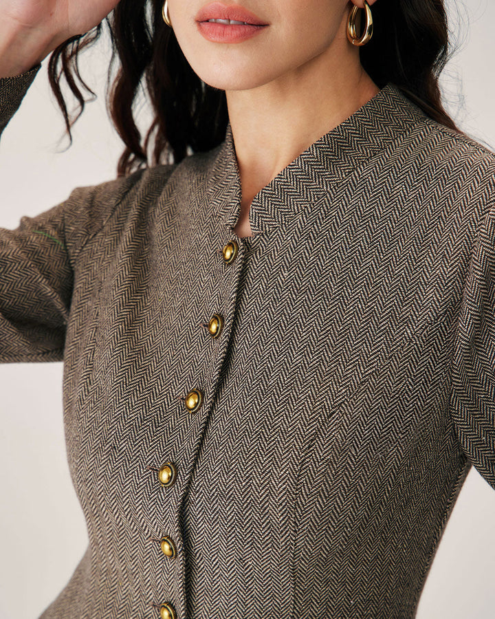 SALE | Elegant Brown Button-Front Pleated Mini Dress