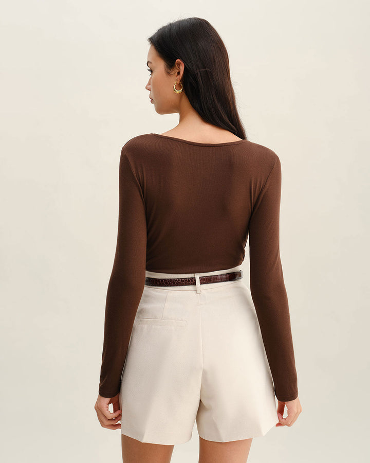 SALE | Brown fine knit T-shirt with round neck and slim fit