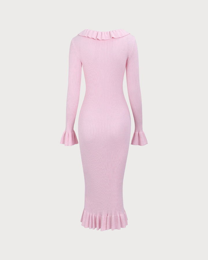 SALE | Elegant Women's Pink U-Neck Ruffle Bodycon Sweater Dress for a Chic Look