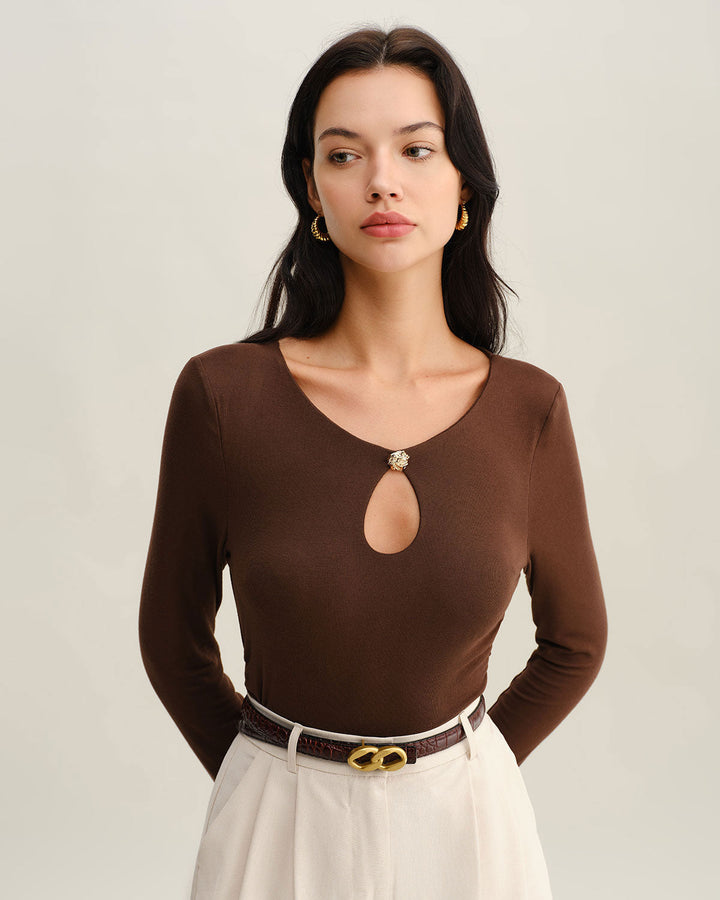 SALE | Brown fine knit T-shirt with round neck and slim fit