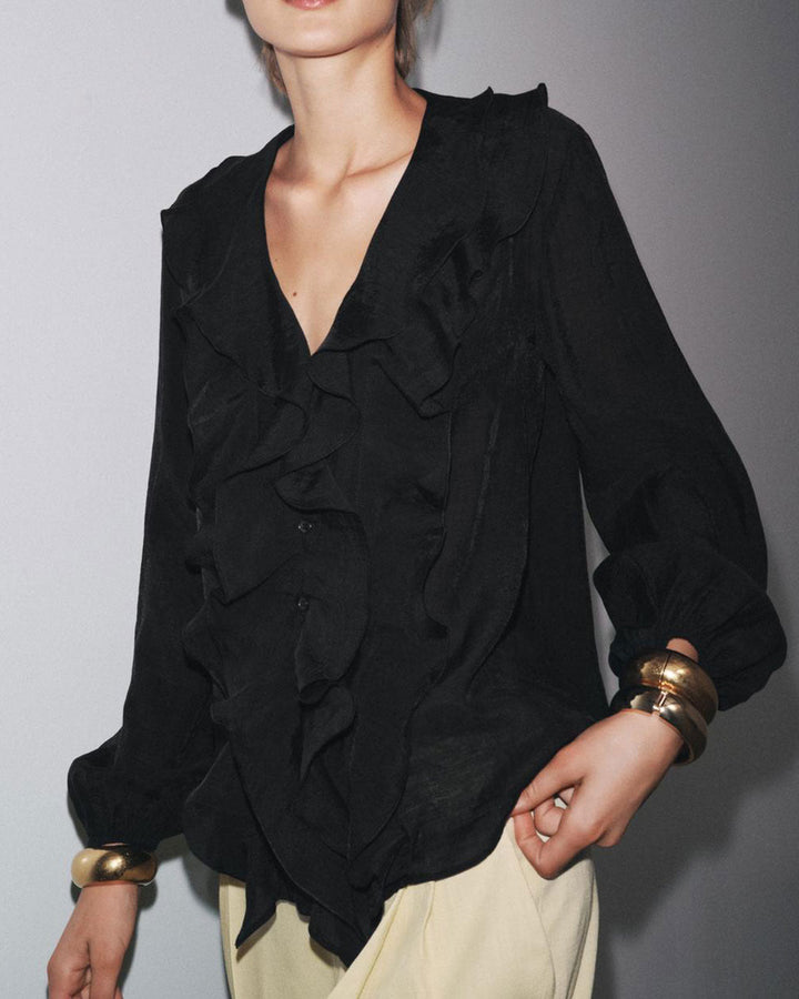 SALE | Black V Neck Ruffle Loose Shirt