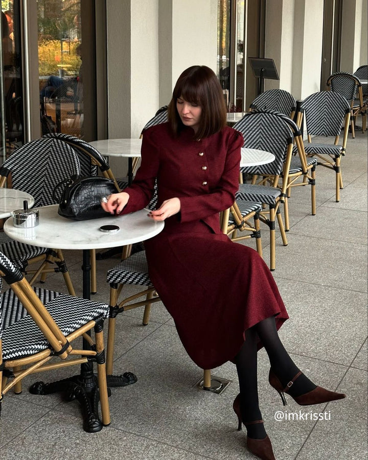 SALE | Elegant Burgundy Single-Breasted Classic Tweed Retro Jacket