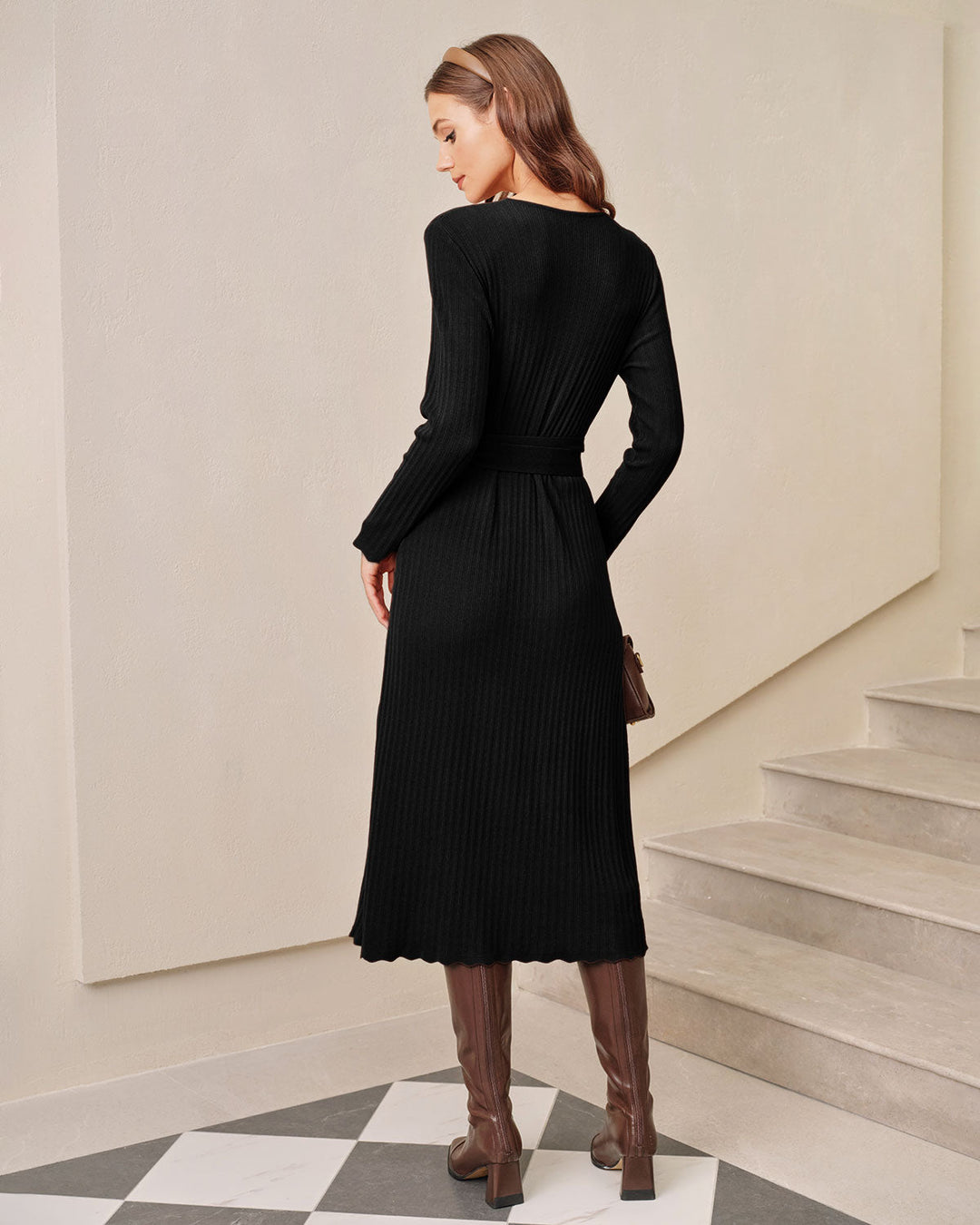 SALE | Black V Neck Wrap Knit Midi Dress