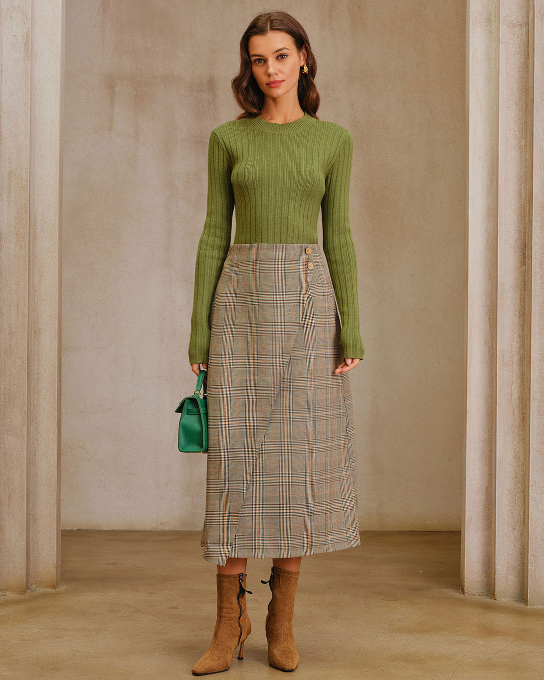 SALE | Kaki Plaid Midi Pleated Skirt with Slit and Elegant Wrap