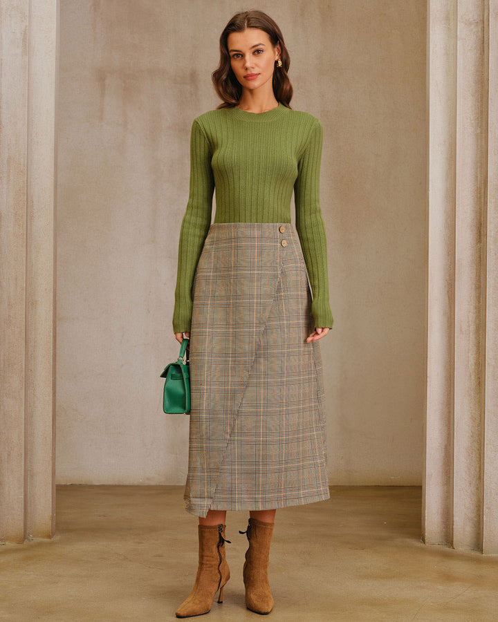 SALE | Kaki Plaid Midi Pleated Skirt with Slit and Elegant Wrap