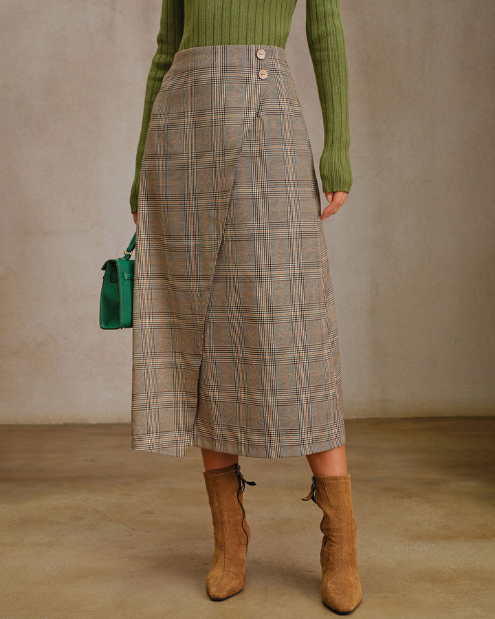 SALE | Kaki Plaid Midi Pleated Skirt with Slit and Elegant Wrap