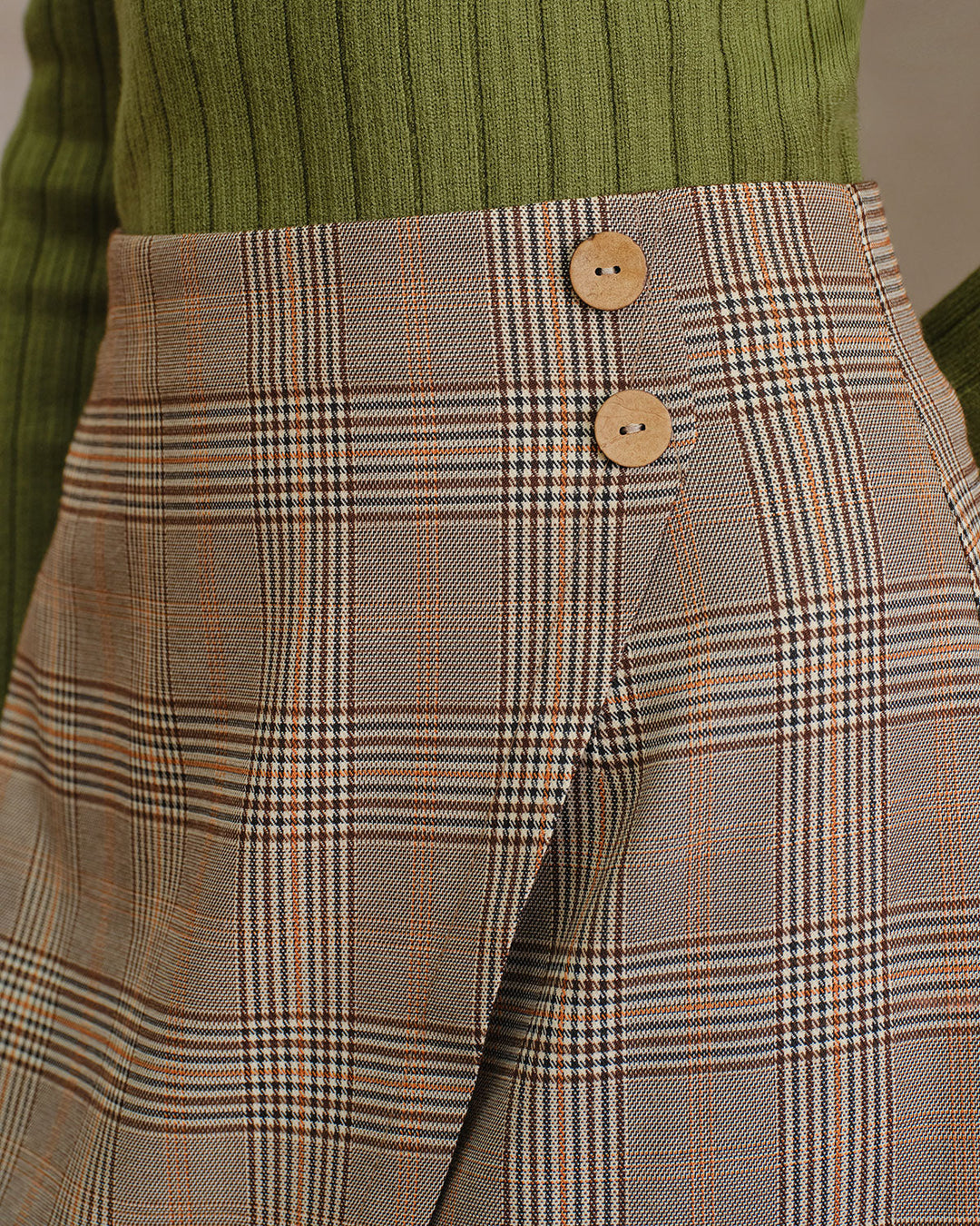 SALE | Kaki Plaid Midi Pleated Skirt with Slit and Elegant Wrap