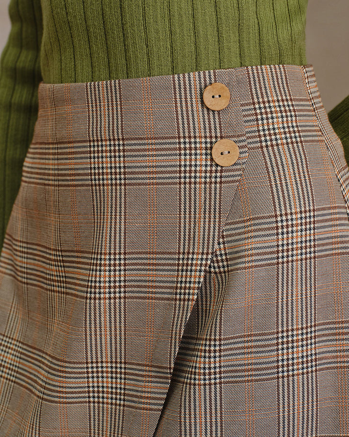 SALE | Kaki Plaid Midi Pleated Skirt with Slit and Elegant Wrap