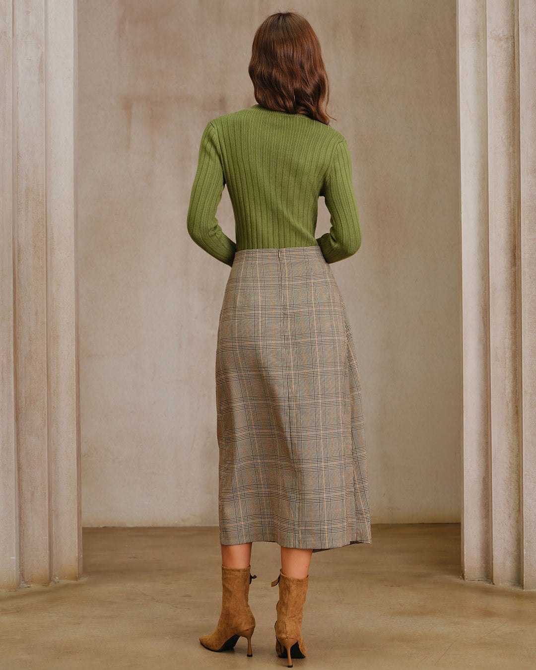 SALE | Kaki Plaid Midi Pleated Skirt with Slit and Elegant Wrap