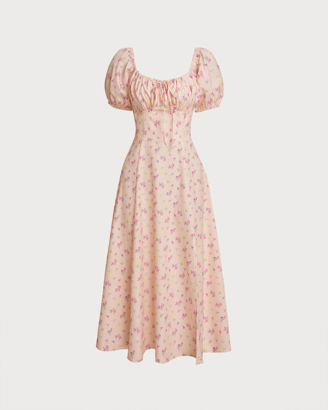 SALE | Pink Floral Square Neck Puffed Sleeve Midi Dress