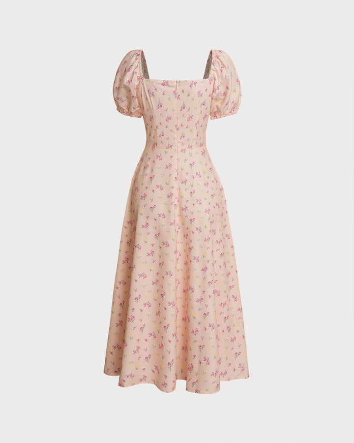 SALE | Pink Floral Square Neck Puffed Sleeve Midi Dress