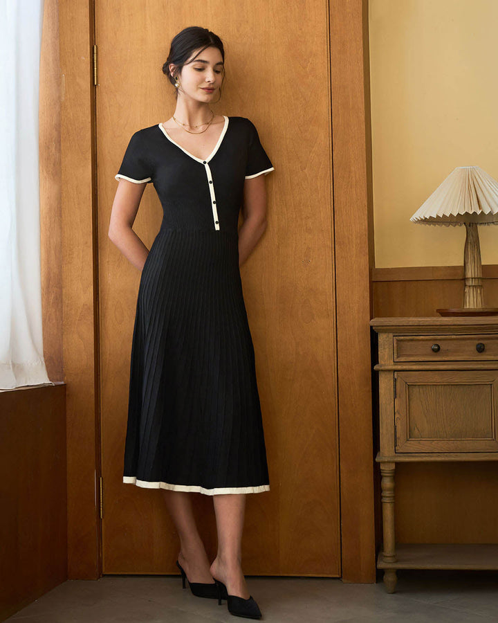 SALE | Elegant Contrast Black Knit Midi Dress